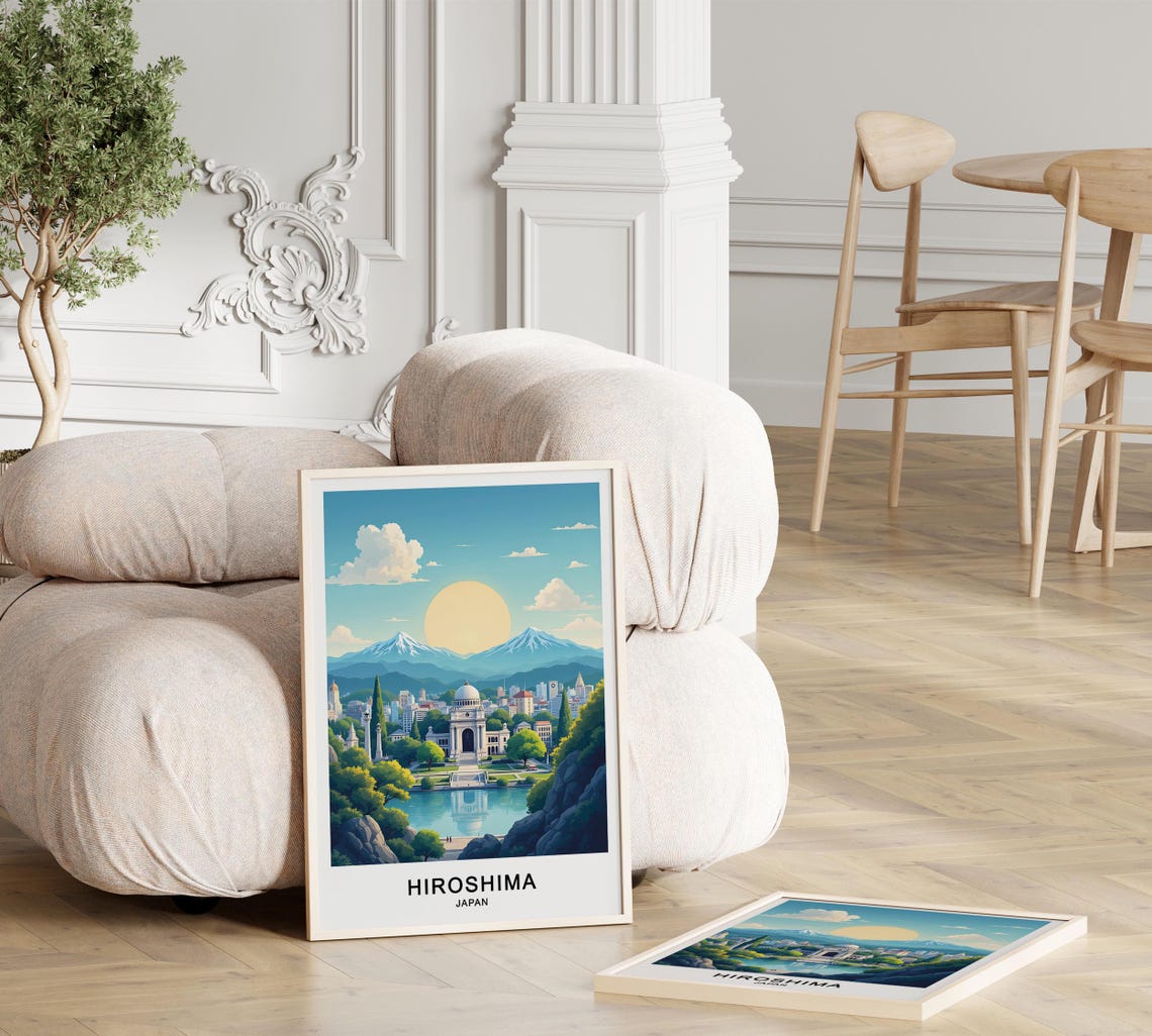 Hiroshima Japan Retro Cityscape River Reflection Golden Sun Poster - Image 3