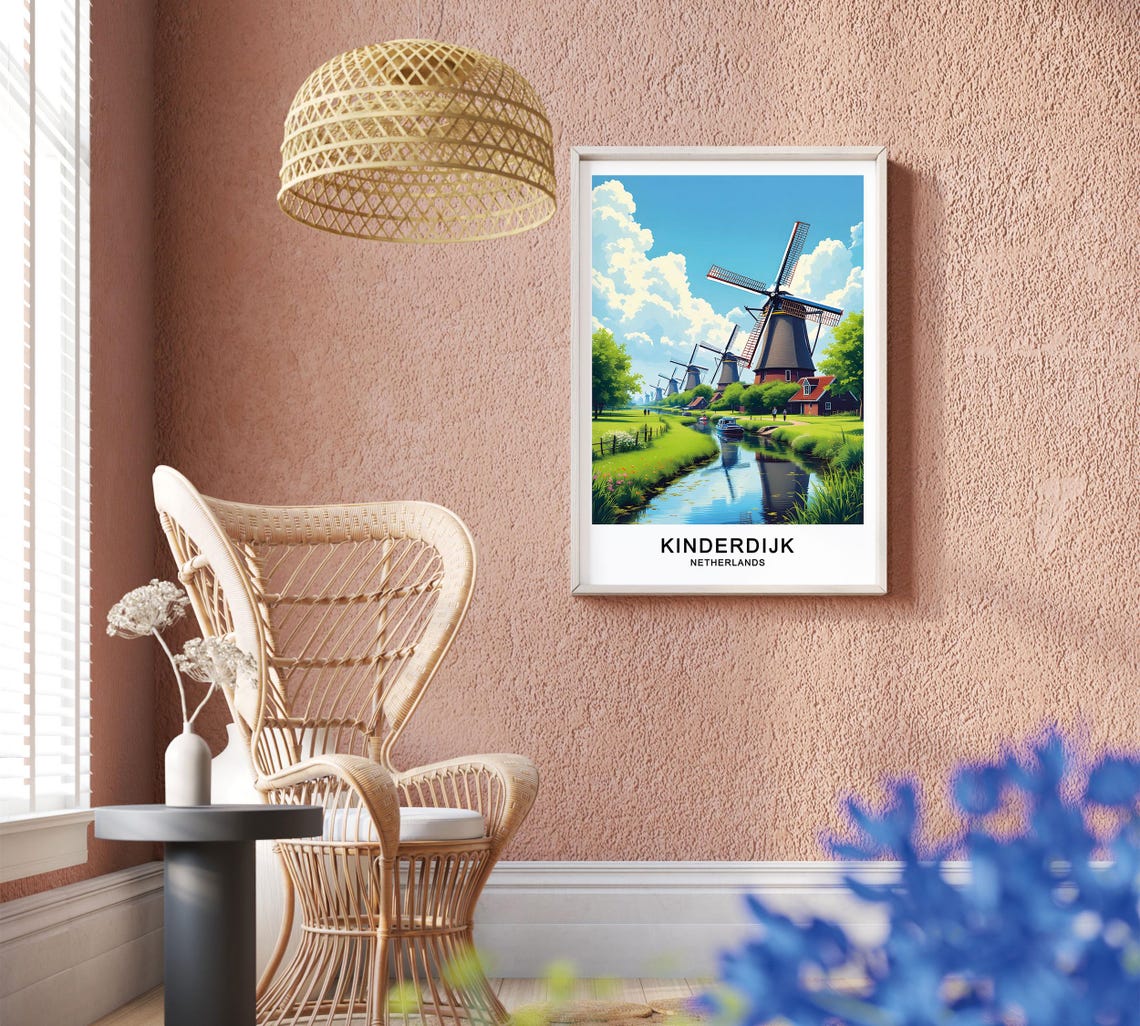 Kinderdijk Netherlands Travel Poster Iconic Windmills And Scenic Landscape Wall Art Poster For Gift - Image 4