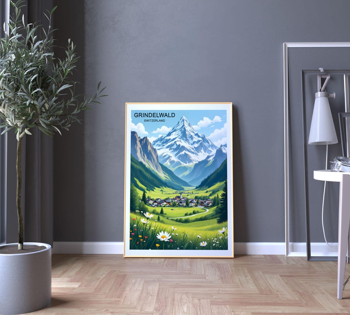 Grindelwald Switzerland Alpine Village Snow Peak Meadow Travel Poster - Image 5