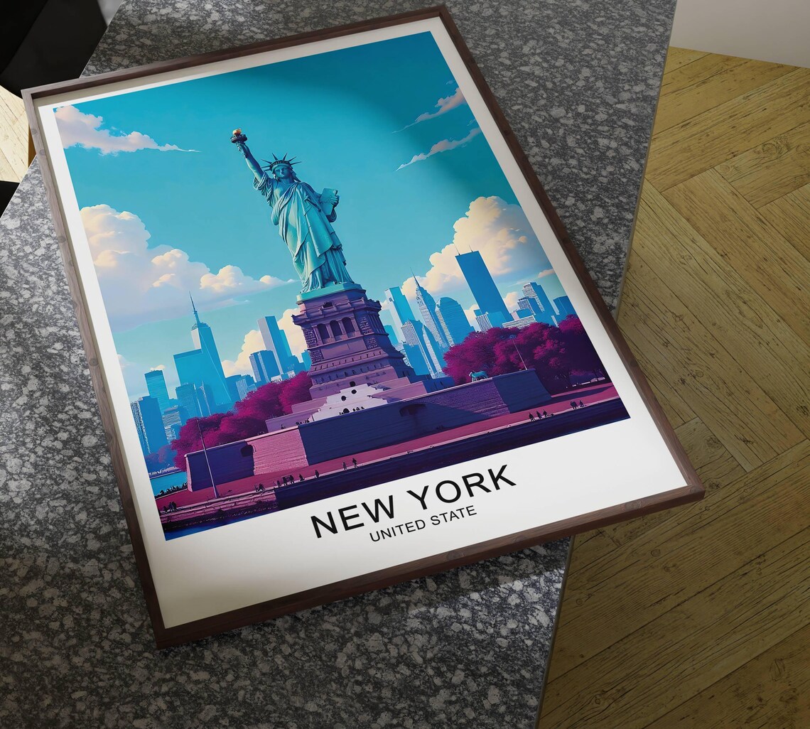 New York Statue of Liberty Blue Sky Manhattan Skyline Travel Poster - Image 4
