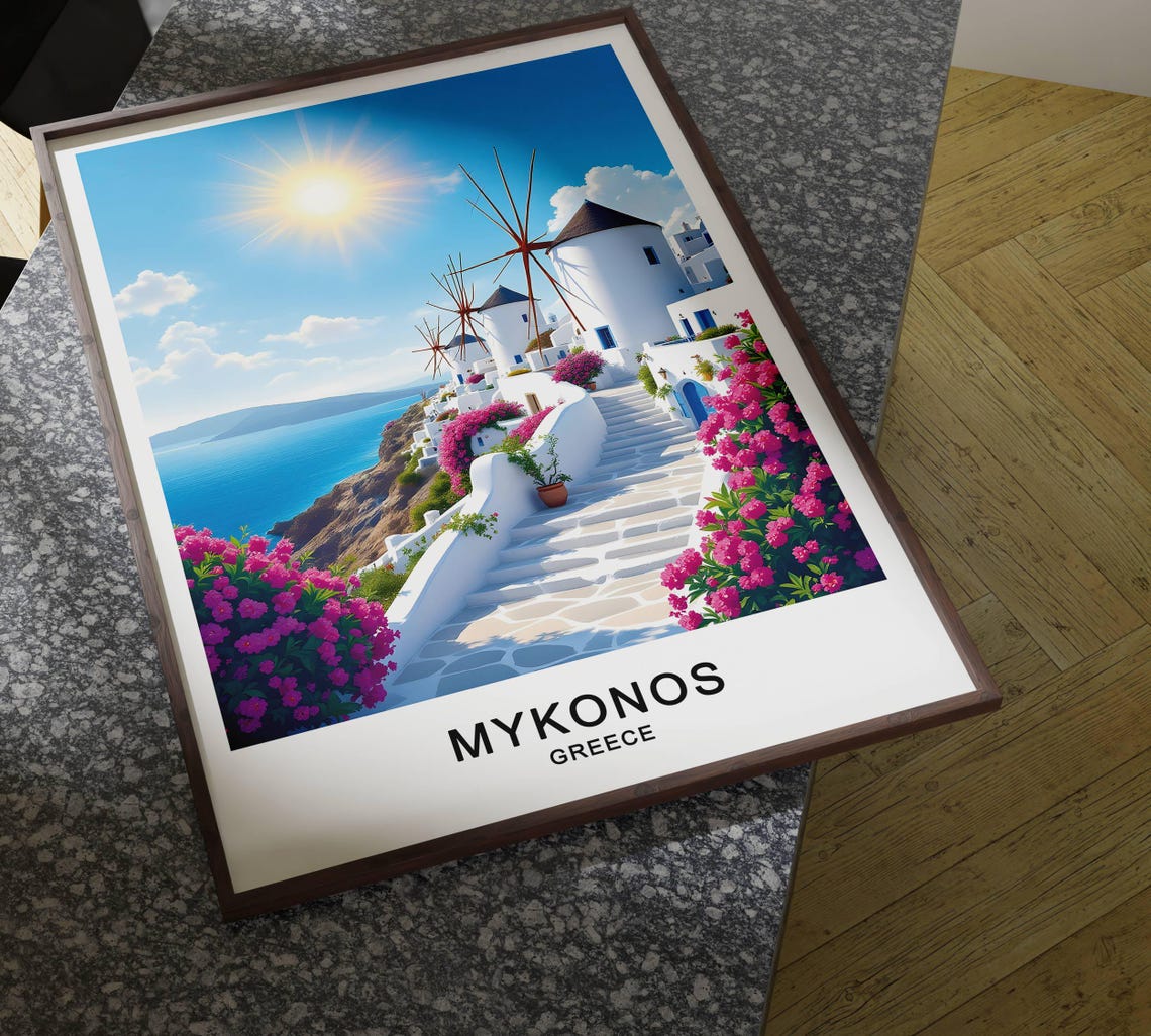 Mykonos Greece Travel Poster Iconic Windmills Blue Waters And Cycladic Architecture Wall Art Gift Poster - Image 4