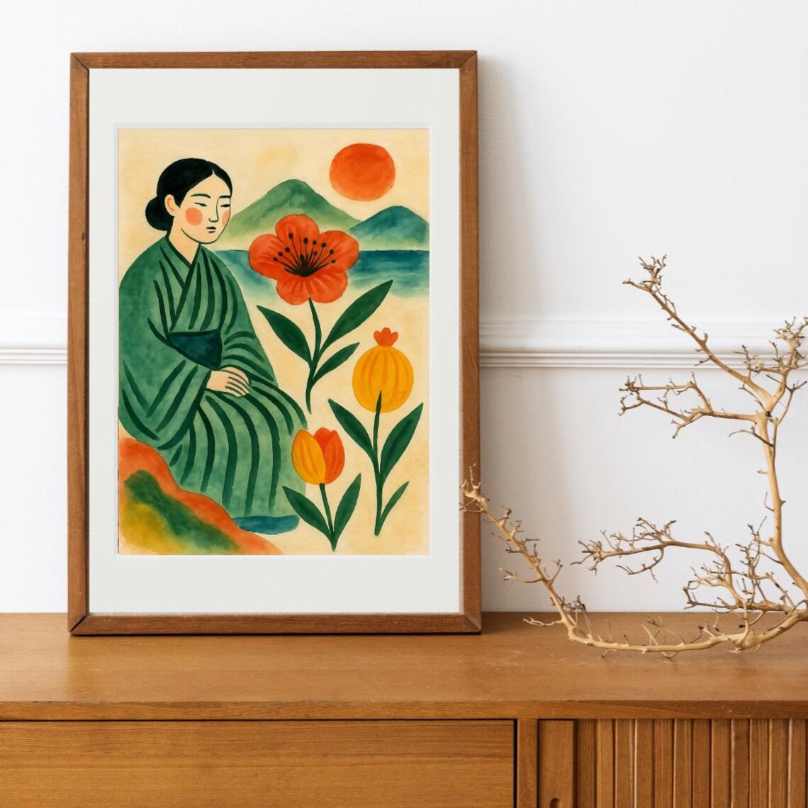 Japanese Woman in Green Kimono Floral Watercolor Meditation Poster