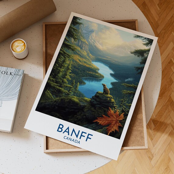Banff Canada Bear Overlooking Mountain Lake Valley Travel Poster
