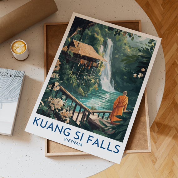 Kuang Si Falls Laos Travel Poster With Buddhist Monk Gazing At Jungle Waterfall Beside Bamboo Hut In Tranquil Tropical Setting Gift