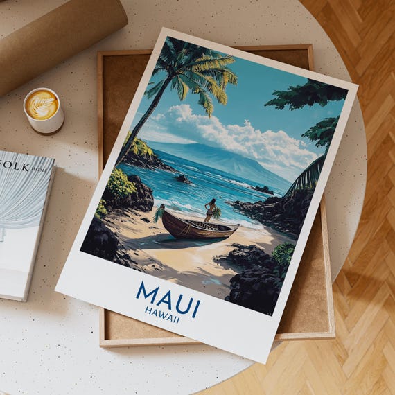 Maui Hawaii Island Art Print With Woman On Beach And Traditional Canoe Tropical Ocean Landscape Wall Poster For Coastal Decor Unique Gift