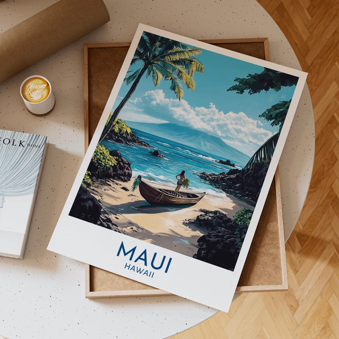 Maui Hawaii Woman Canoe Beach Palm Trees Volcanic Island Poster