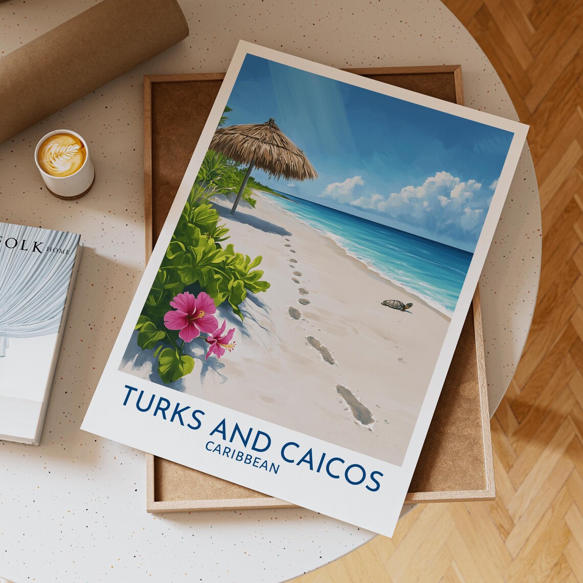 Turks And Caicos Caribbean Beach Palapa Turtle Travel Poster