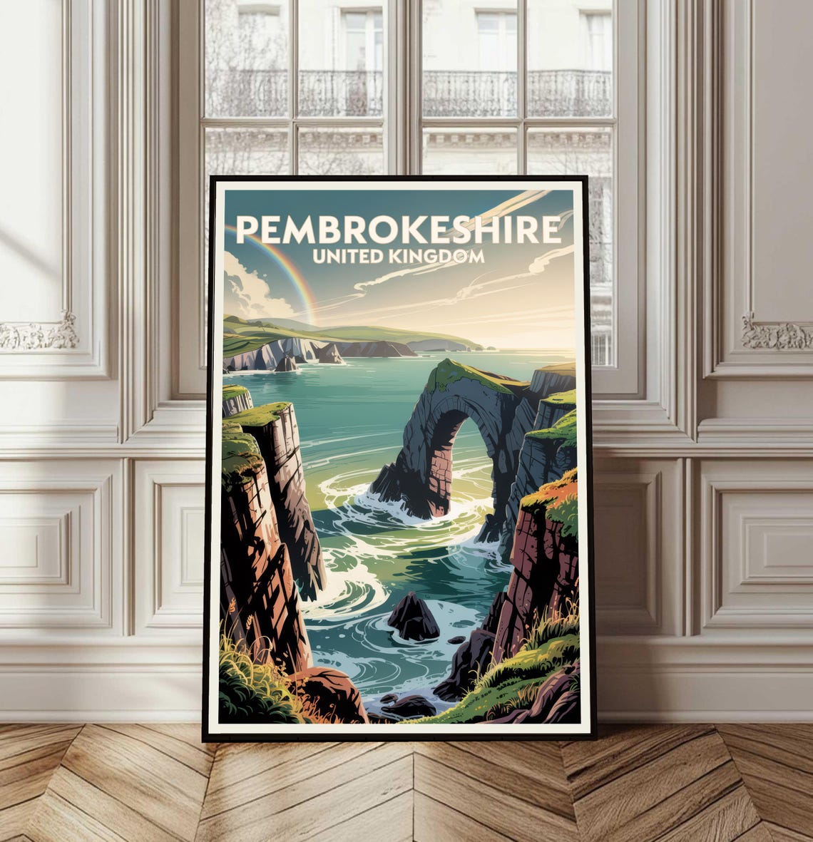 Pembrokeshire Cliffs Sea Arch And Rainbow Vintage Travel Poster