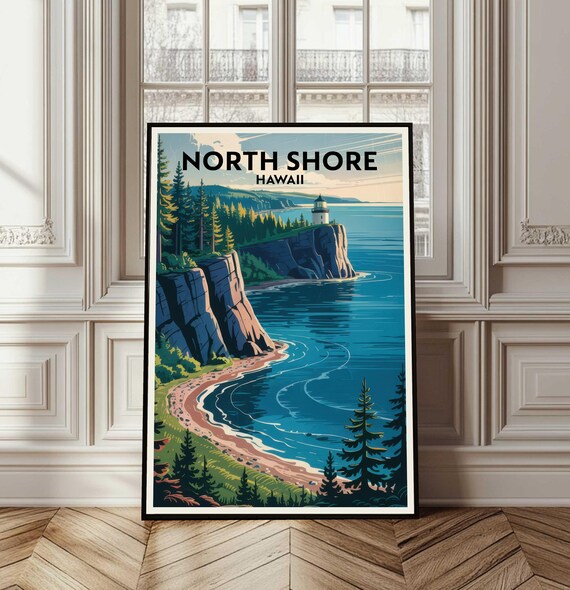 North Shore Hawaii Lighthouse Cliffs Ocean Retro Travel Poster