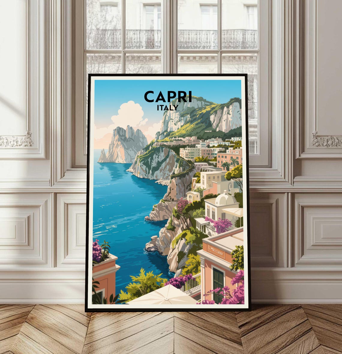 Capri Italy Cliffs Blue Sea Coastal Village Vintage Travel Poster