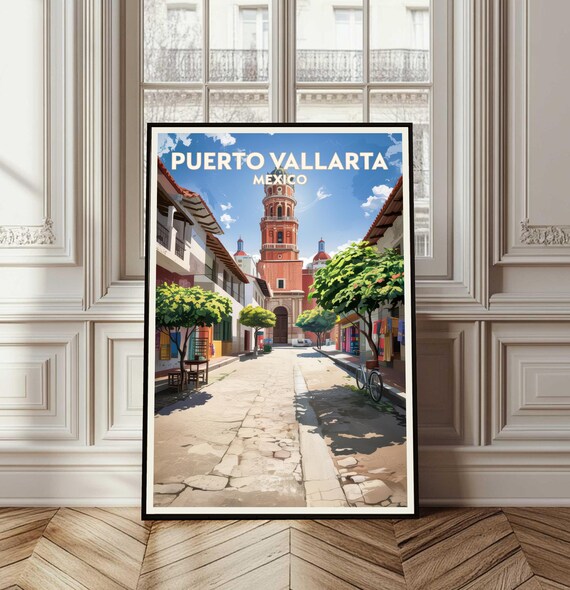 Puerto Vallarta Mexico Vintage Travel Poster Old Town Street Church Tower
