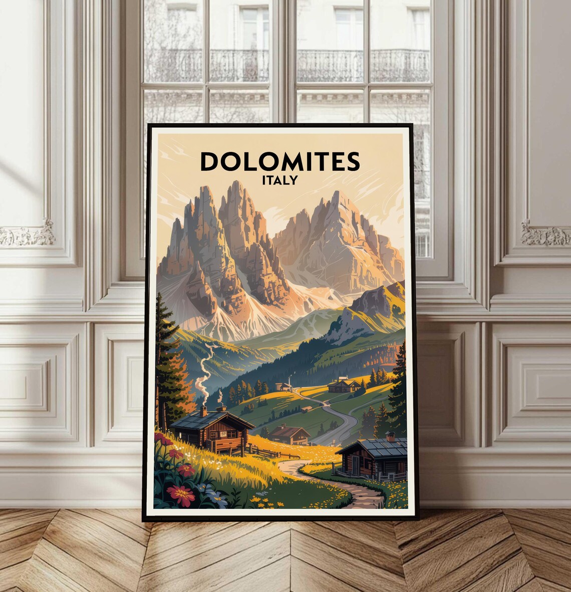 Dolomites Italy Alpine Peaks Valley Cabins Retro Travel Poster