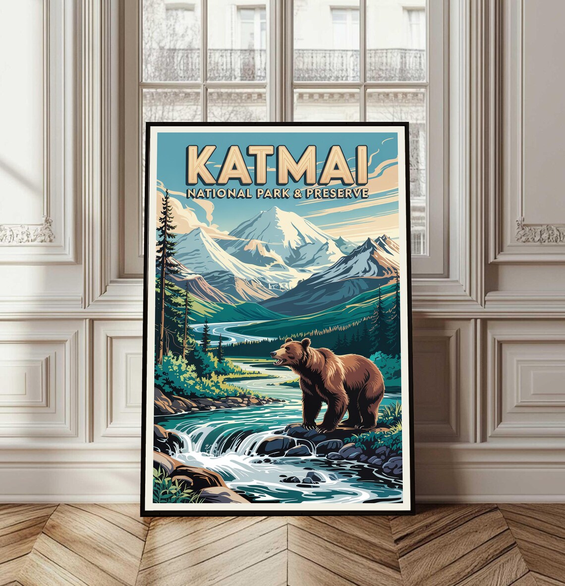 Katmai Alaska National Park Brown Bear Falls Vintage Travel Poster