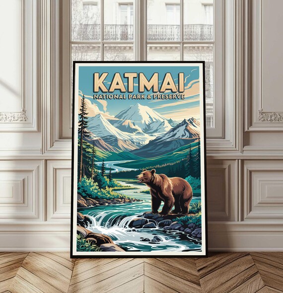 Katmai Alaska National Park Brown Bear Falls Vintage Travel Poster