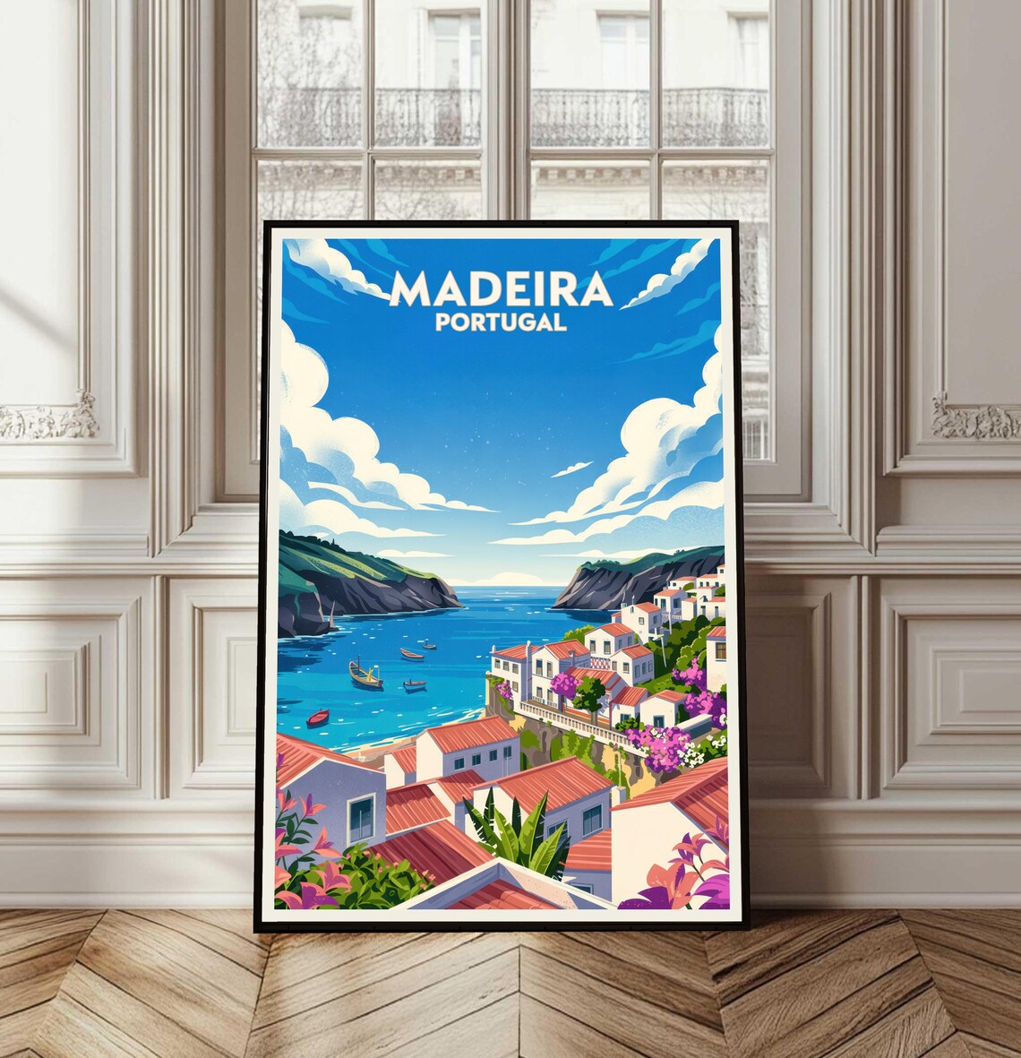 Madeira Portugal Coastal Cliffside Town Vintage Travel Poster