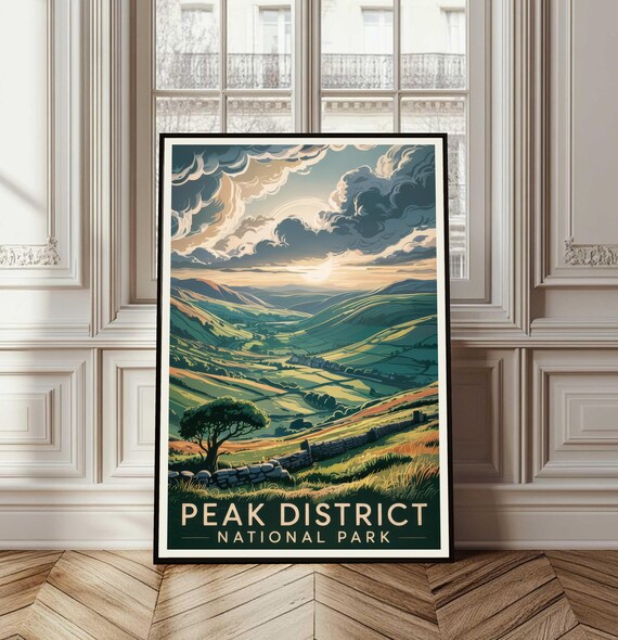 Peak District National Park Green Dales Vintage Travel Poster