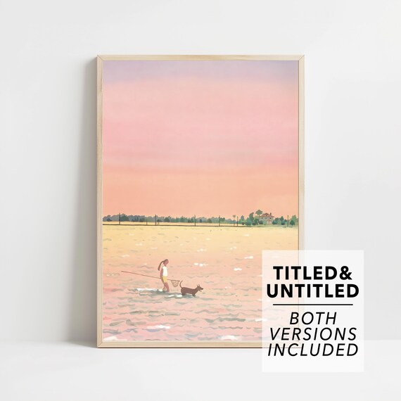 Minimalist Pink Sunset Lake Girl with Fishing Net and Dog Wading Poster