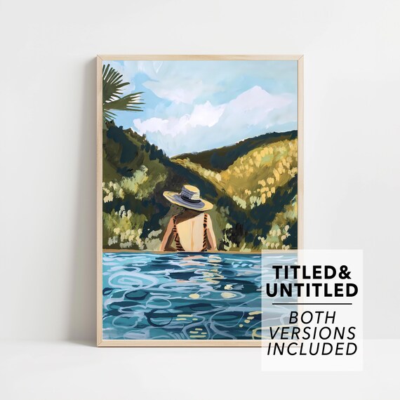 Woman in Sun Hat by Infinity Pool Overlooking Green Hills Vacation Art Poster