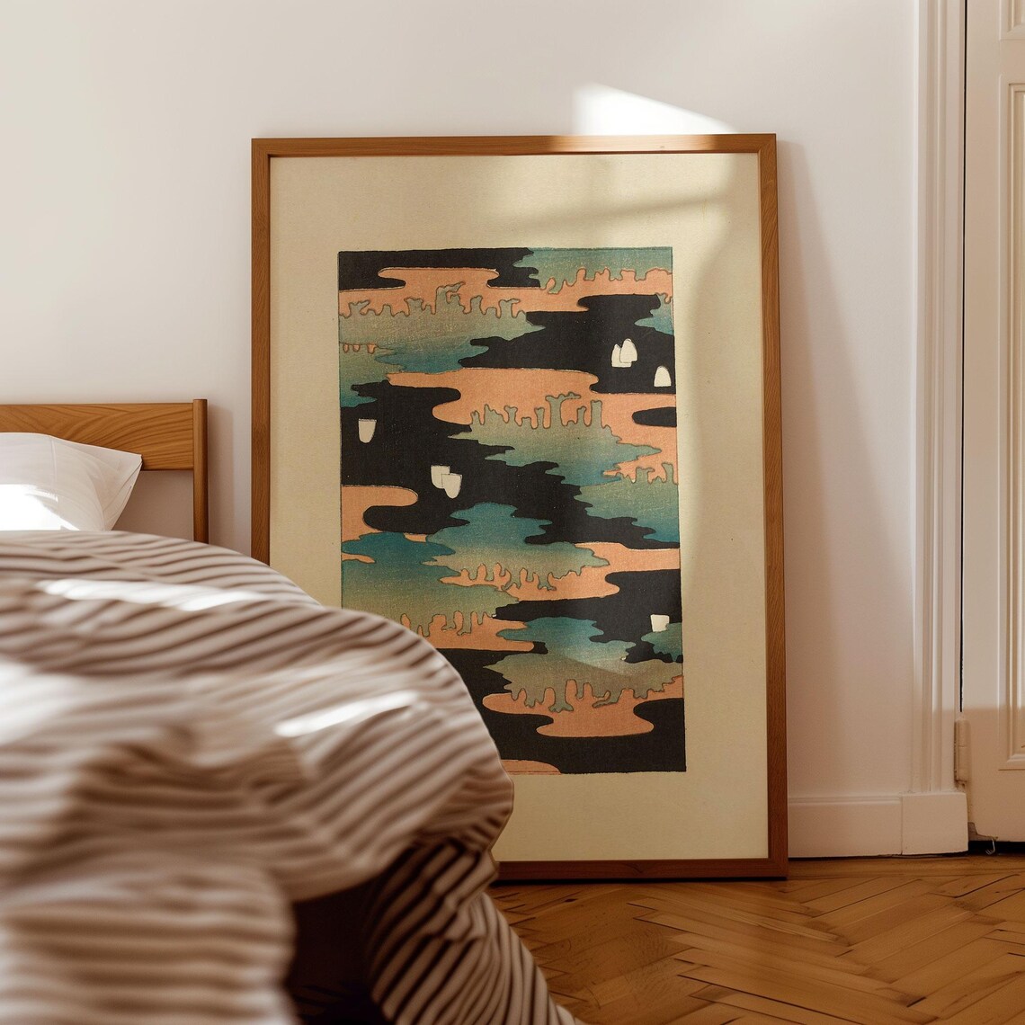 Japanese Black Night Clouds Coral Mist Abstract Woodblock Poster - Image 2