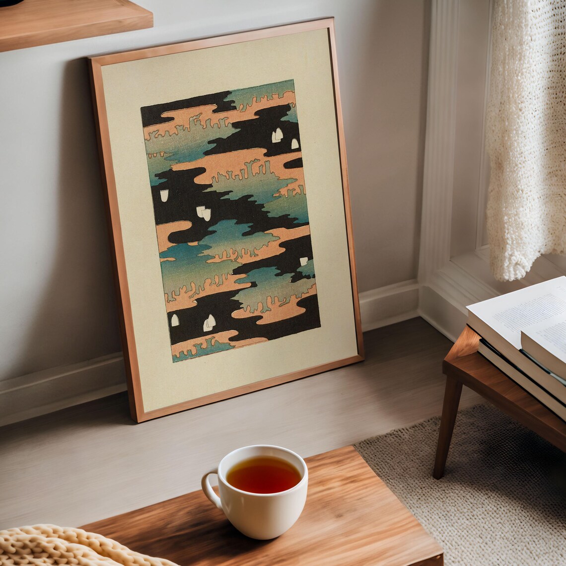 Japanese Black Night Clouds Coral Mist Abstract Woodblock Poster - Image 4