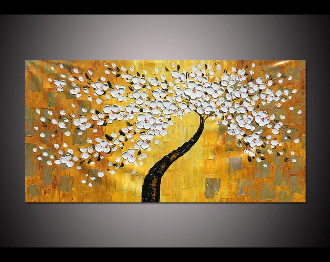 White Flowering Tree With Black Trunk On Golden Textured Oil Poster