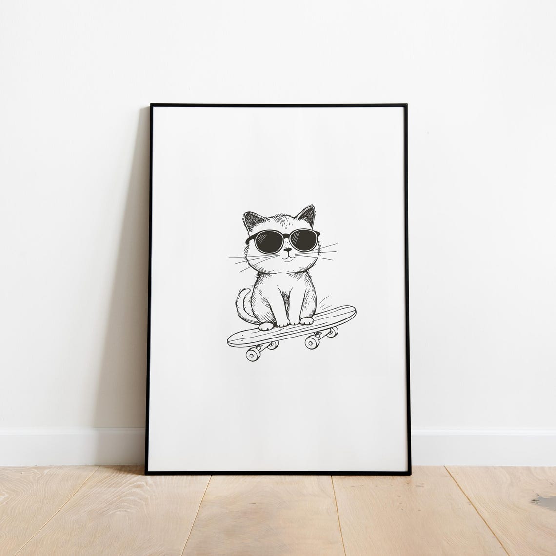 Cool Cat Sunglasses Skateboard Minimal Line Drawing Poster Art