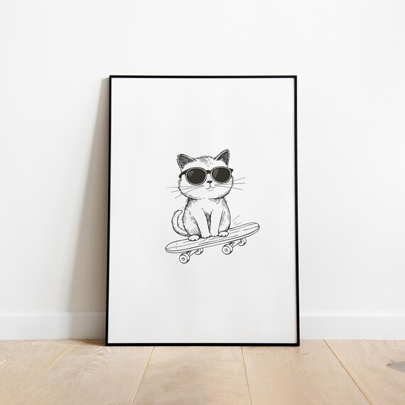 Cool Cat Sunglasses Skateboard Minimal Line Drawing Poster Art