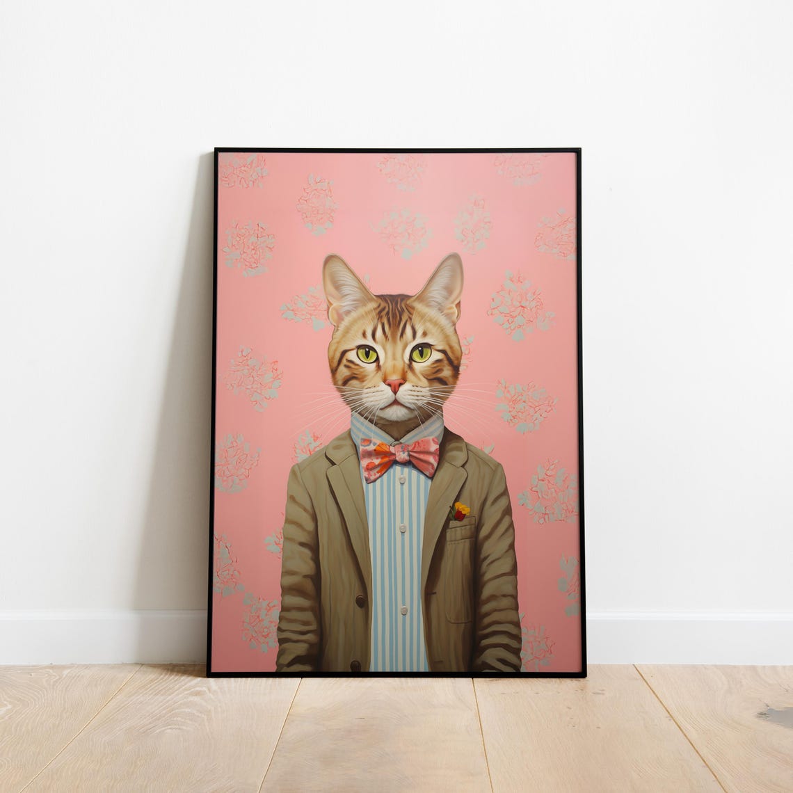 Gentleman Tabby Cat Suit Bow Tie Portrait Pink Floral Poster Art
