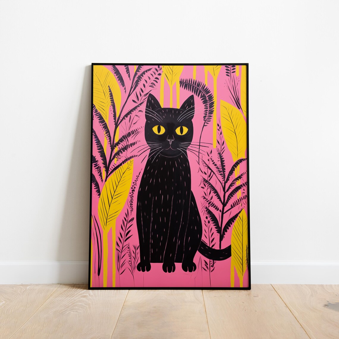 Black Cat Yellow Eyes Pink Tropical Leaves Pop Style Wall Art