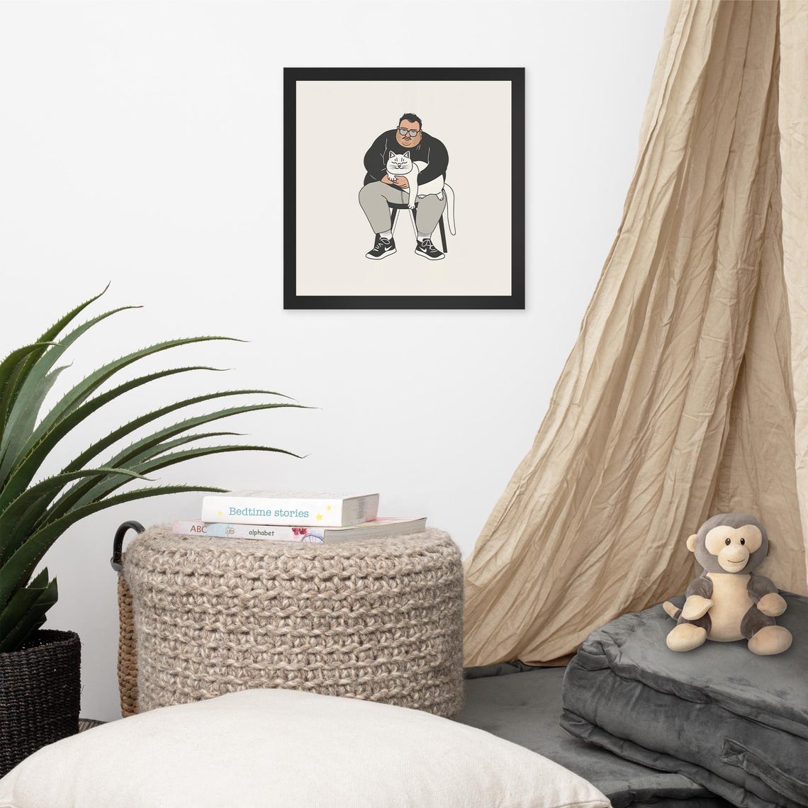 Man Holding White Cat Lap Minimalist Illustration Poster Art Decor - Image 3