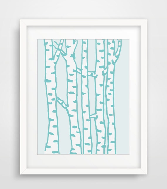 Birch Trees Wall Art Handdrawn Illustration Birch Forest Turquoise Print Modern Home Decor Tree Wall Art Blue Mint Poster