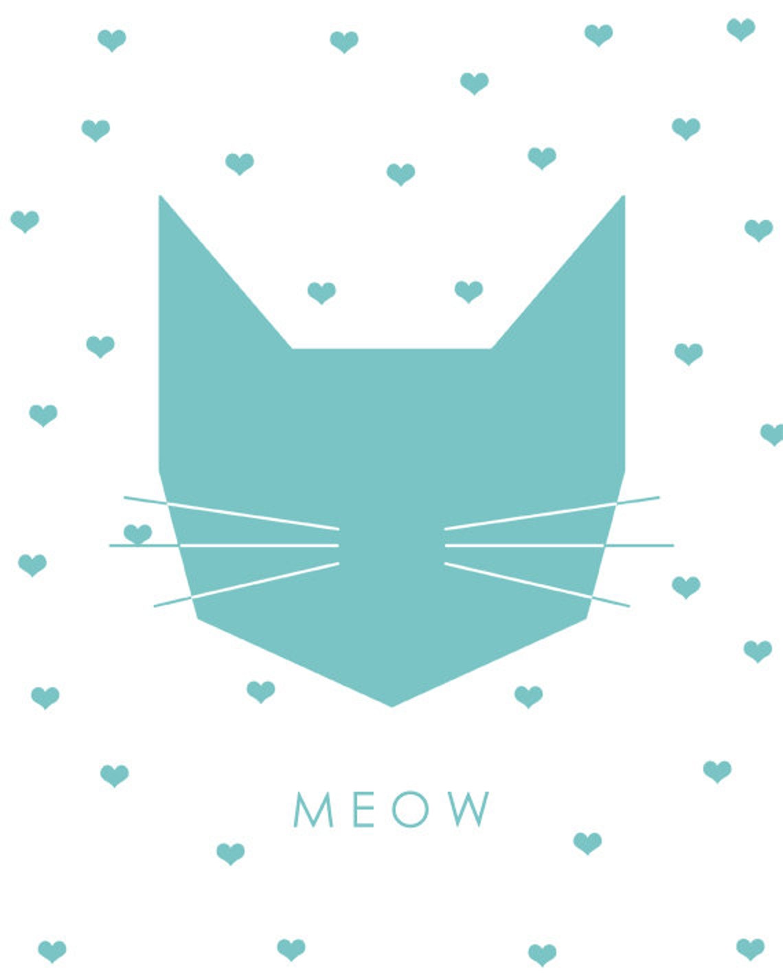 Turquoise Geometric Cat Face Meow Hearts Modern Nursery Wall Art Print