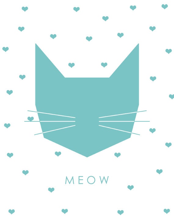Meow Poster Kitty Print Turquoise Geometric Art Modern Home Decor Nursery Print Art Heart Print Cat Print Blue Nursery Art