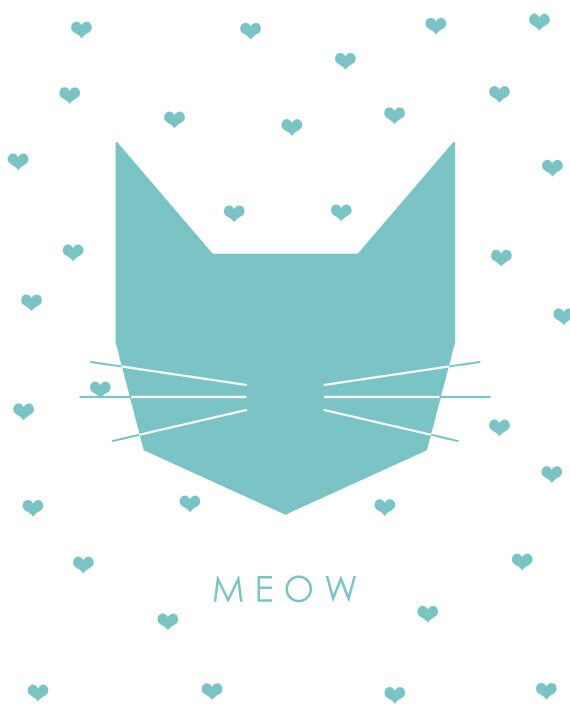 Turquoise Geometric Cat Face Meow Hearts Modern Nursery Wall Art Print