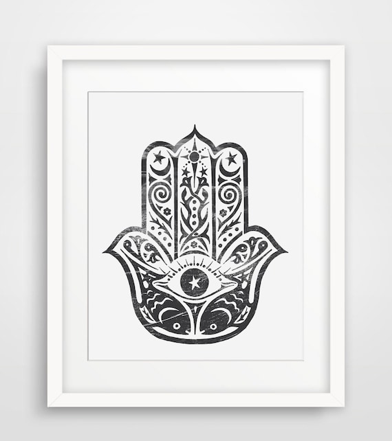 Black Ornate Hamsa Hand Evil Eye Boho Spiritual Wall Art Home Decor Print