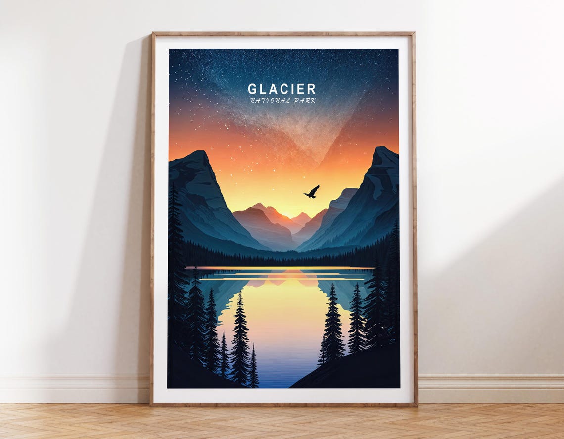 Glacier National Park Starry Sunset Lake Vintage Travel Poster