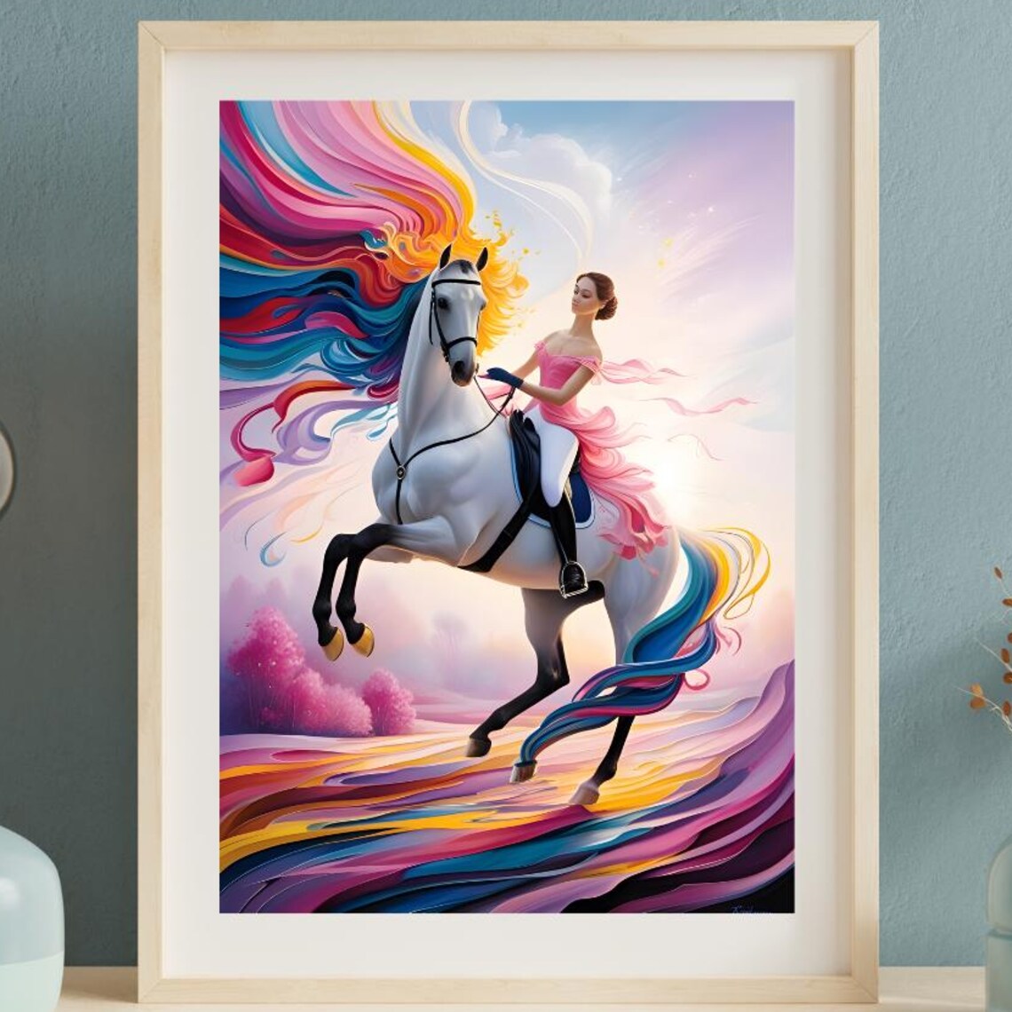 Dreamy Woman in Pink Dress Riding White Horse Fantasy Poster