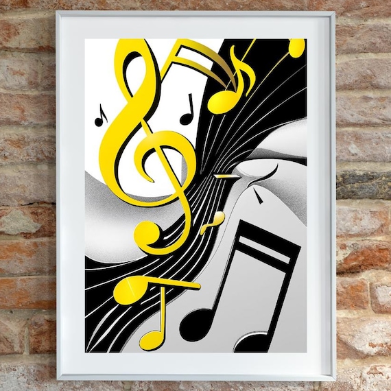 Golden Yellow 3D Treble Clef Poster over Flowing Silver Music Lines