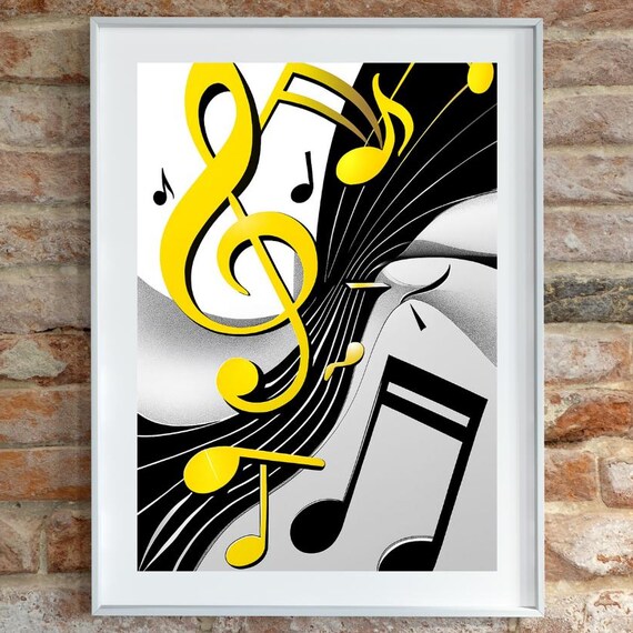 Modern Abstract Music Notes Poster Midcentury Wall Art Bold Geometric Shapes Musical Symbols Yellow Silver Artwork Jazz Inspired Decor