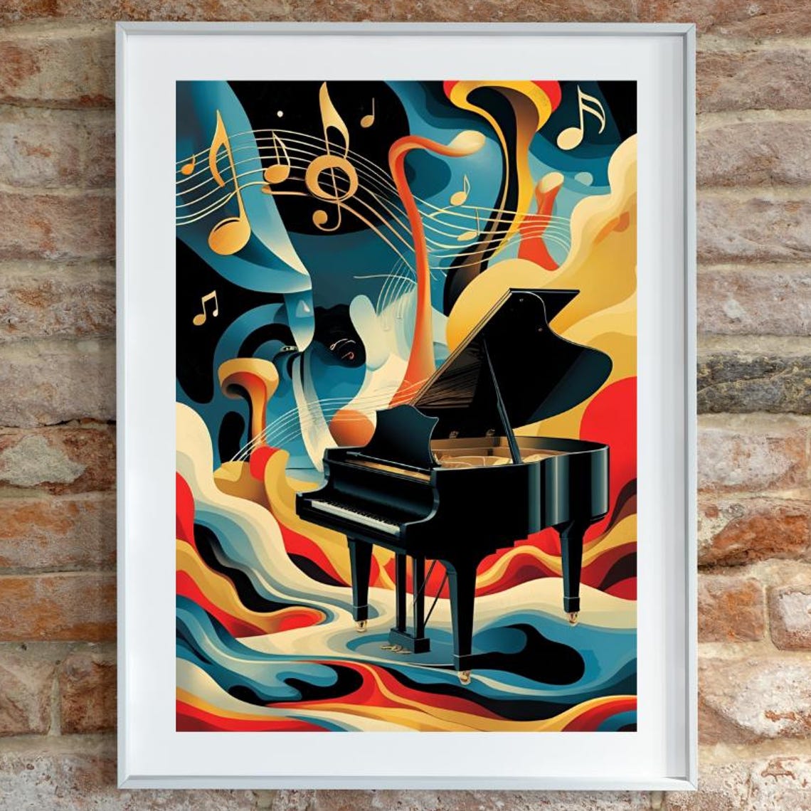 Grand Piano among Teal and Gold Ribbons with Notes Art Poster