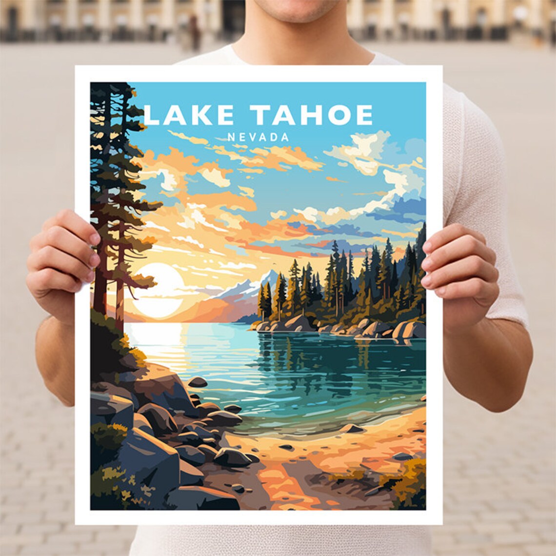 Lake Tahoe Nevada Travel Poster, Mountain Landscape