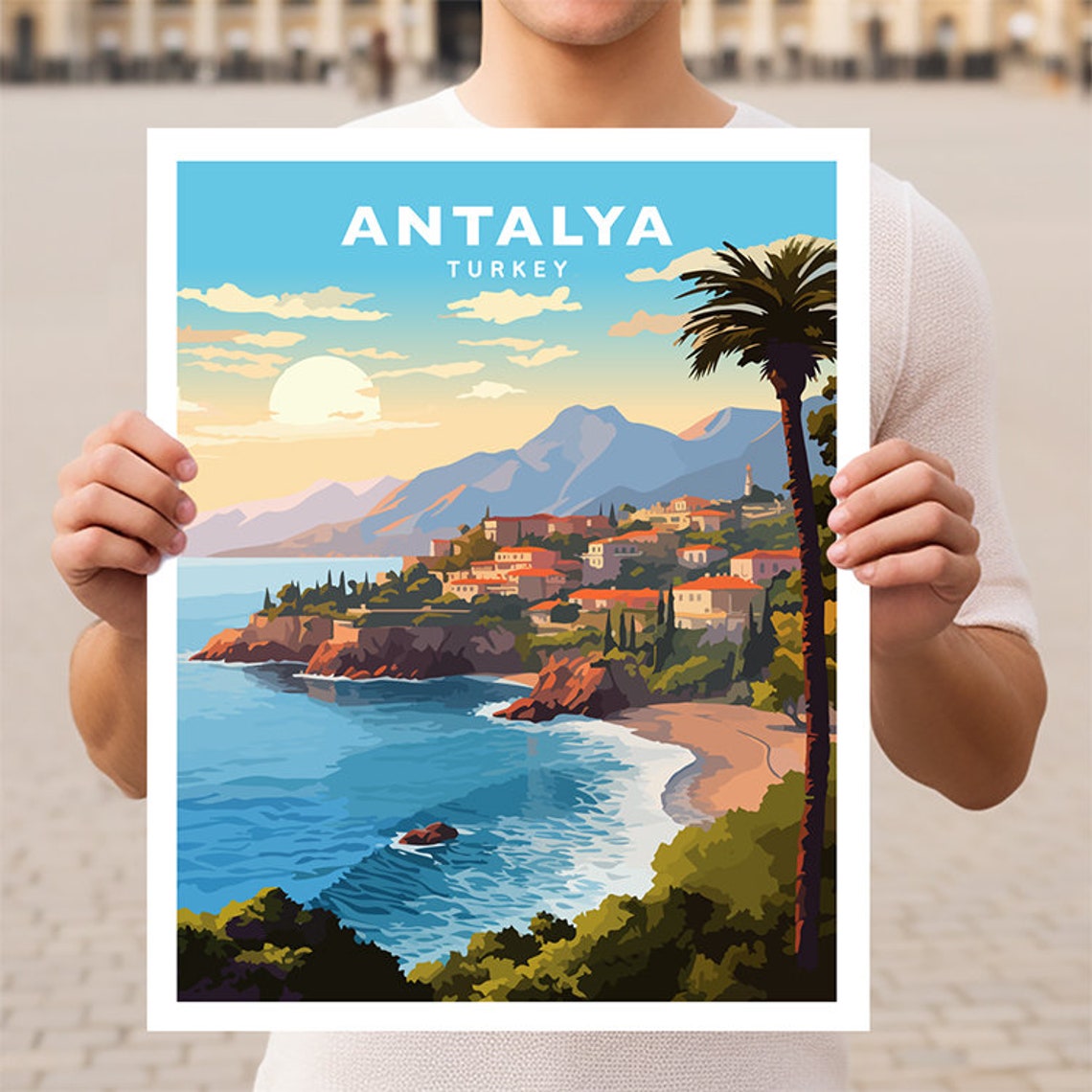 Antalya Turkey Turquoise Coast Cliffs Beach Sunset Travel Poster