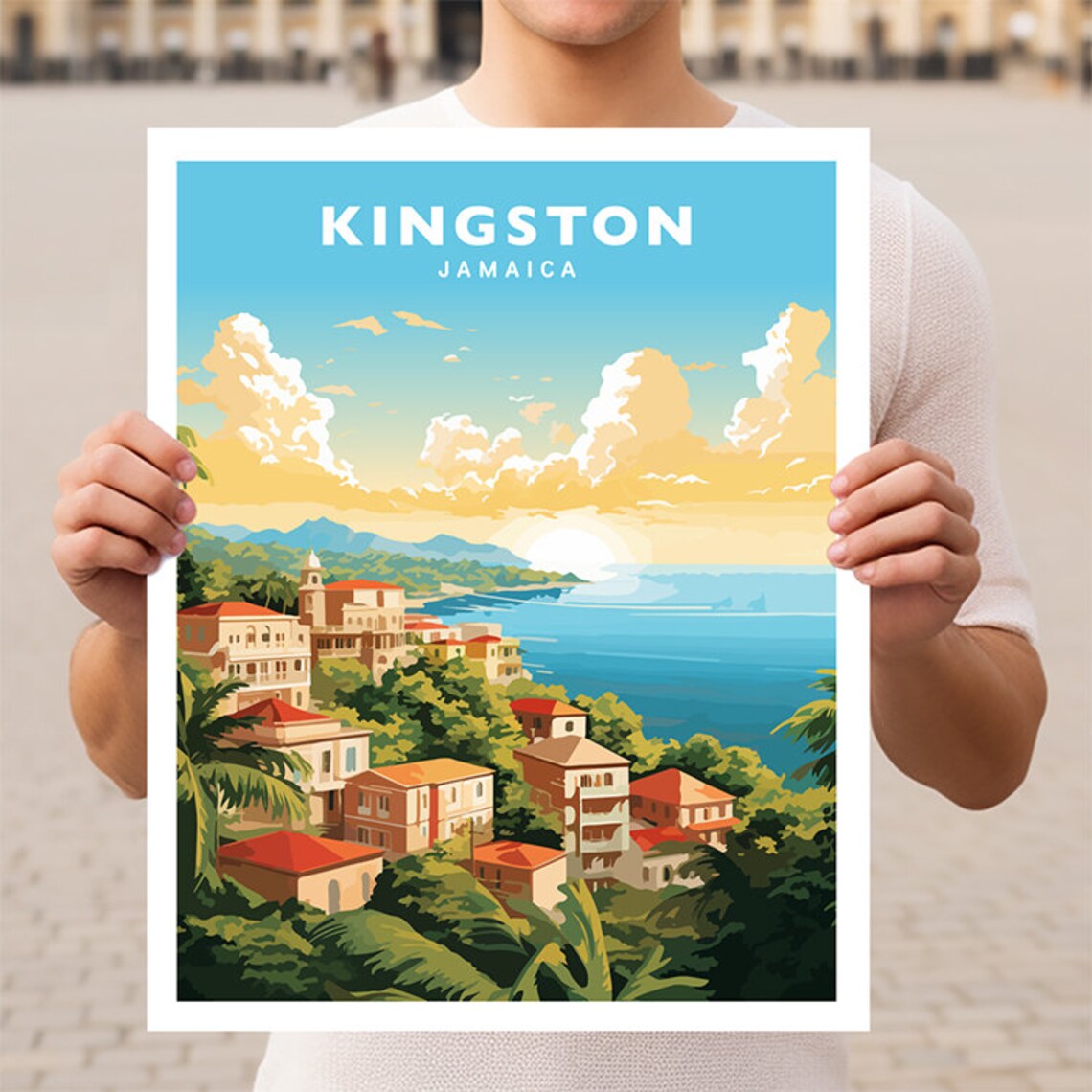 Kingston Jamaica Sunset Coastline Harbor Old Town Scene Travel Poster