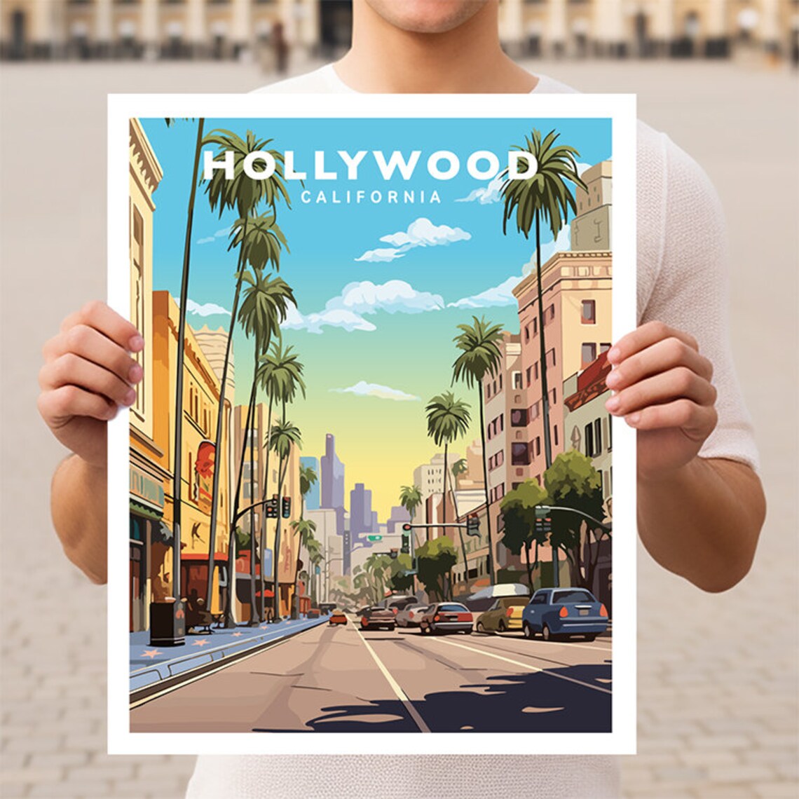 Hollywood California Boulevard Palm Trees Walk of Fame Travel Poster