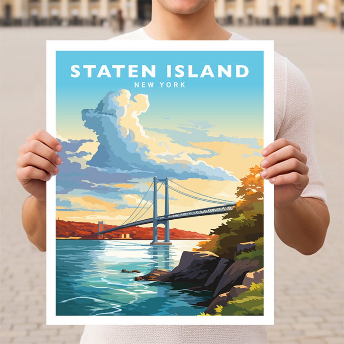 Staten Island Verrazzano Bridge Sunset New York Travel Poster