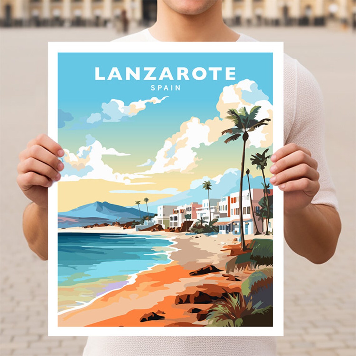Lanzarote Beach Palm Trees Spain Canary Islands Travel Poster
