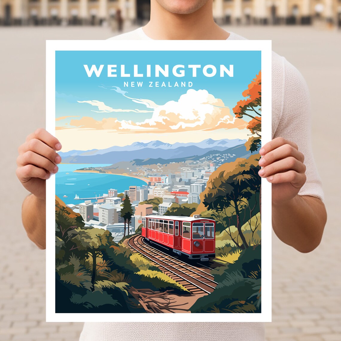 Wellington New Zealand Red Cable Car Harbor City Scenic Poster