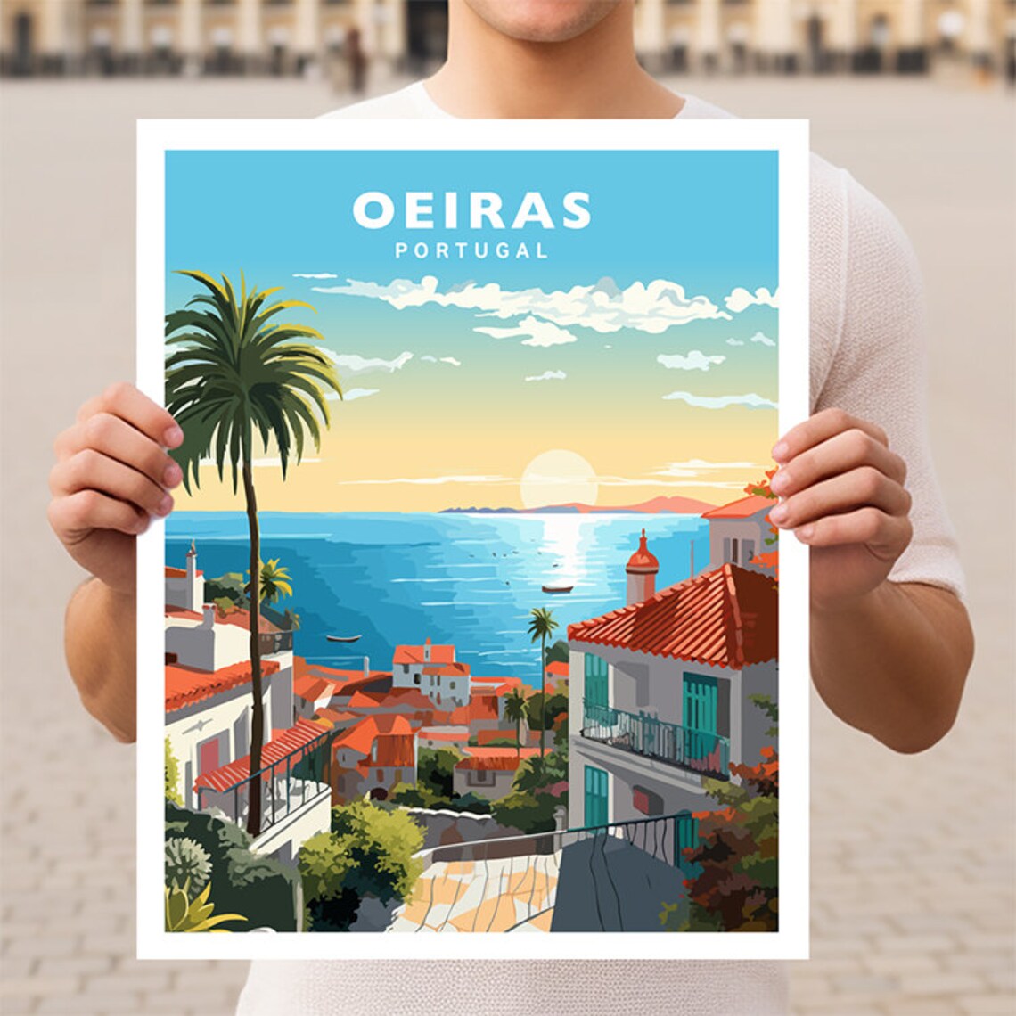 Oeiras Portugal Riviera Seaside Town Palms Sunset Travel Poster