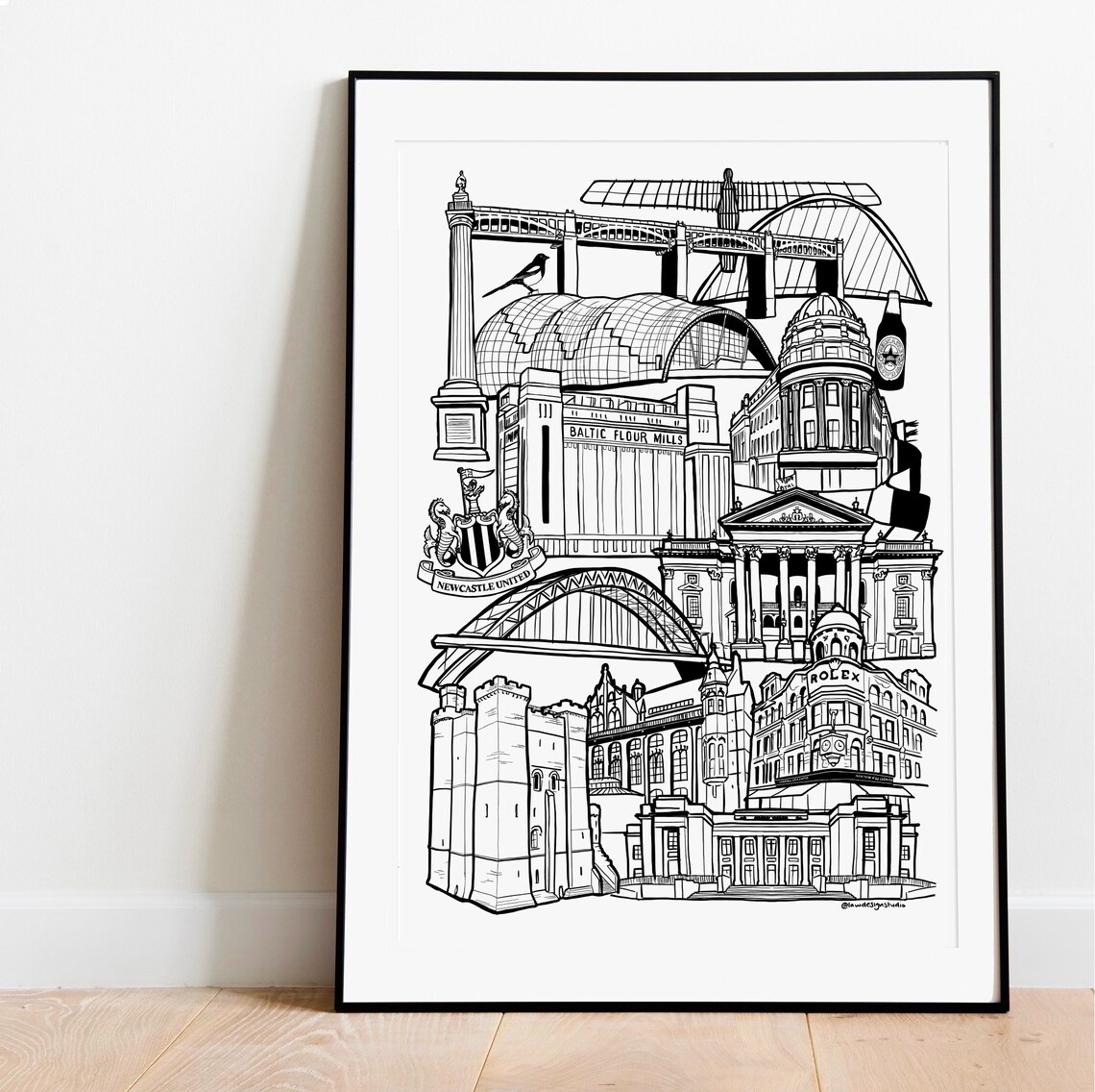 Newcastle Landmark Illustration Print Skyline Gift North East