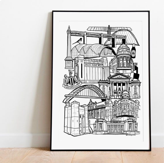 Newcastle Landmark Illustration Print Skyline Gift North East